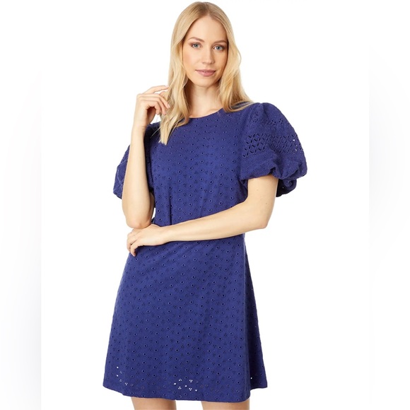 NWT Free People Apricot Rose Puff Sleeve Eyelet Dress in Living Indigo - Picture 3 of 14
